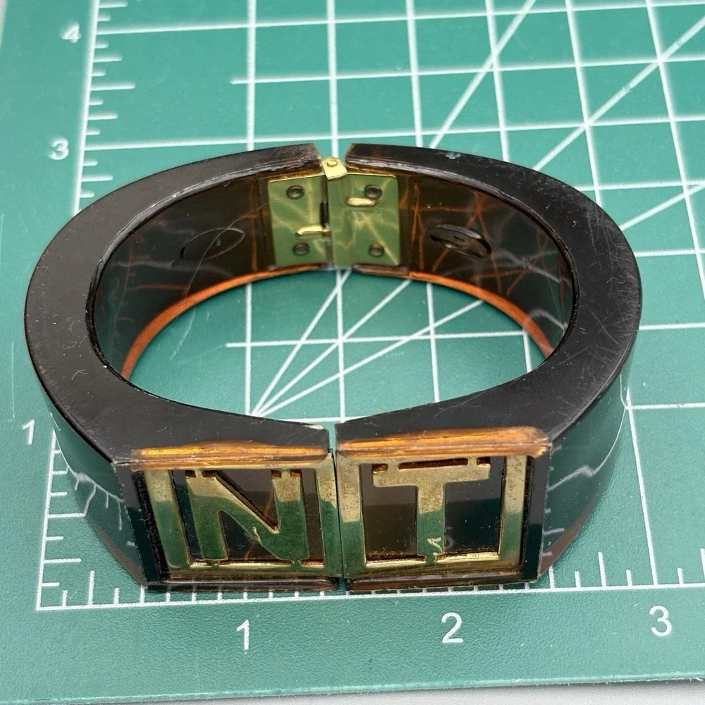 Vintage Lucite Clamper Bracelet NT Initials Brown 6.5
